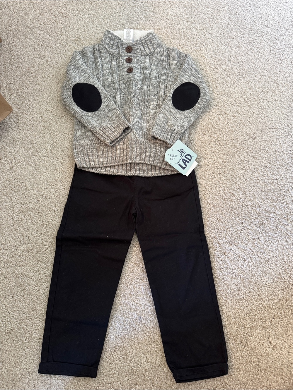 L'Adorable Kids Two-Piece Gray Cable Knit Sweater Set with Black Pants